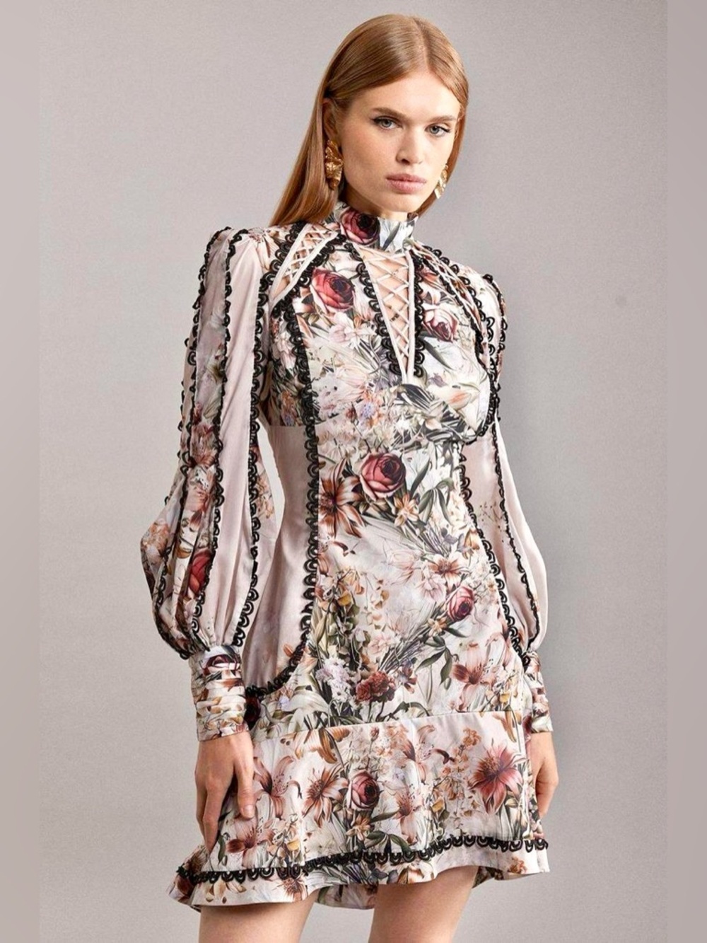 Stunning Floral Woven & scalloped trim Mini boho Dress w shabby chic luxury feel